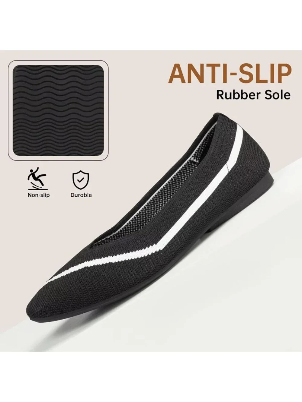 Frank Mully Women's Black Rubber Knitted Square Toe Comfortable Slip On Flats